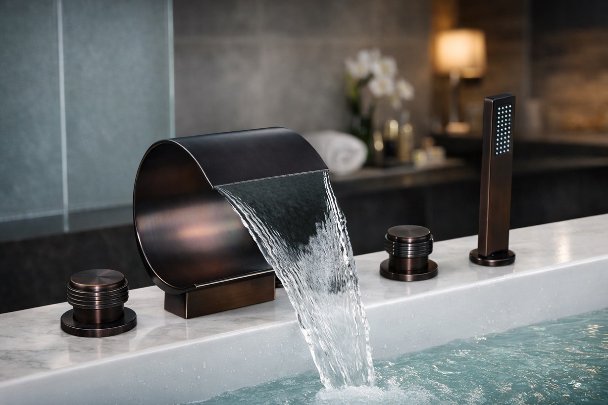 Oil rubbed bronze waterfall bathroom faucet with curved spout in a warm-toned bathroom